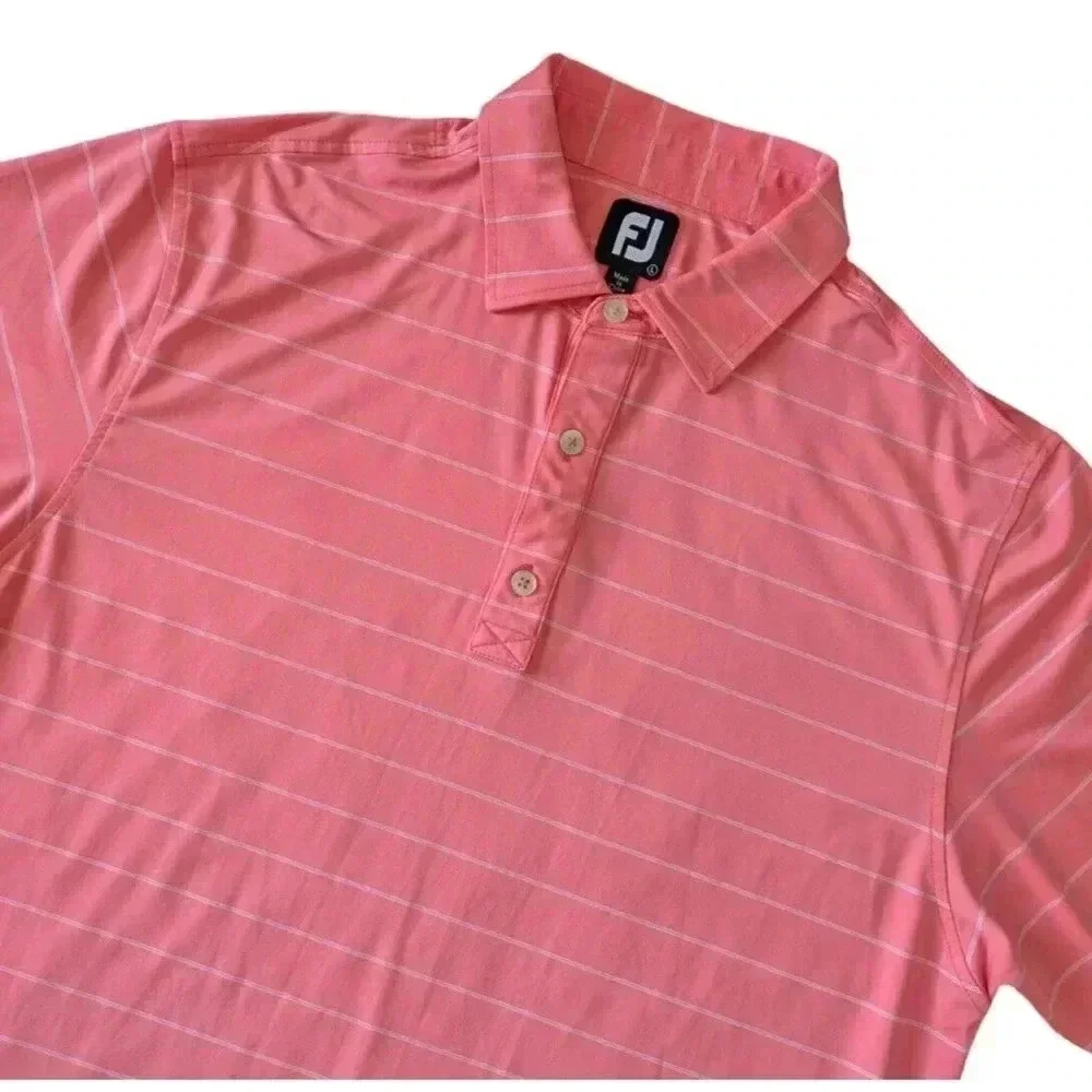 Footjoy Bright Coral Pink White Striped Polo Short Sleeve Shirt Large Wicking